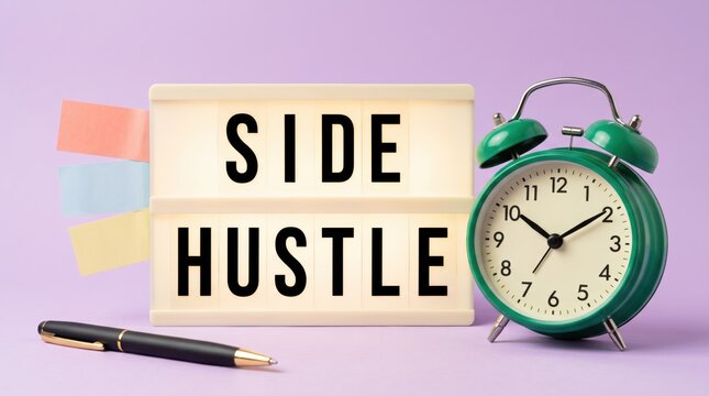Side hustle text displayed on illuminated white lightbox board positioned beside green alarm clock and pen against pastel purple background