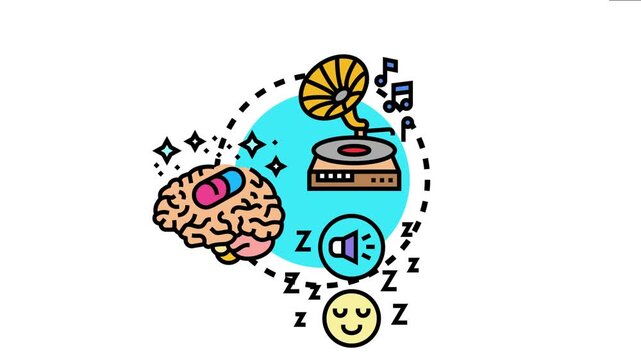 Music stimulating brain activity, enhancing memory, improving learning abilities, and promoting better sleep, representing brain health and cognitive improvement