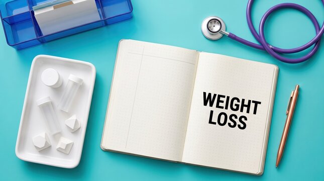Open notebook with weight loss text written inside surrounded by medical equipment on a vibrant bright blue background table surface
