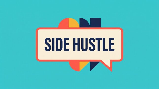 Side hustle text displayed inside a colorful speech bubble graphic design featuring flat modern shapes on a solid blue background