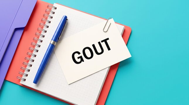 Gout written on white paper note attached to a spiral notebook with a blue pen on a bright teal background