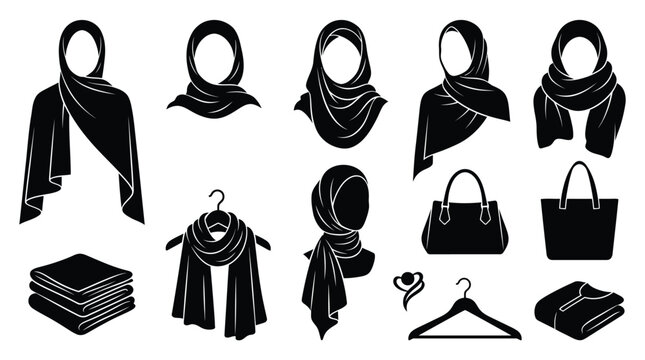 Collection of diverse black hijab headscarves and fashion accessories shown as simple minimalist vector icons
