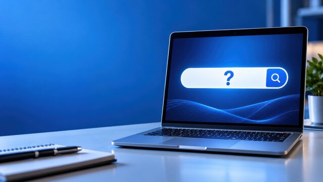 Open laptop computer displaying a white search bar containing a blue question mark on desk.