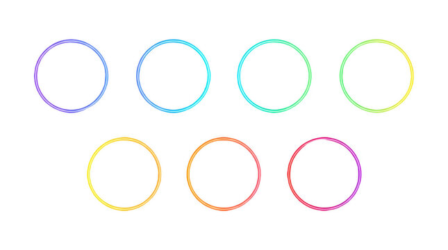 Set of seven colorful circles with a gradient rainbow texture effect