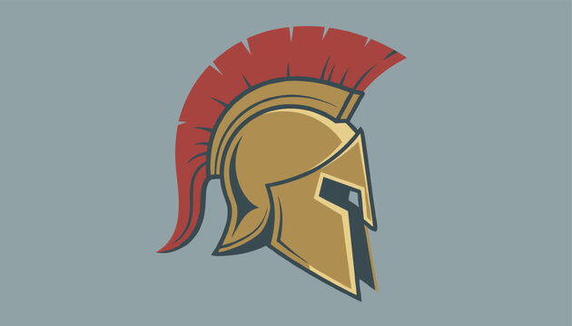 Powerful illustration of a golden Spartan warrior helmet with a red feathered plume against a neutral gray background.