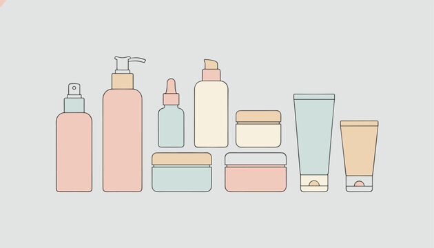 Assorted collection of skincare and beauty products in pastel colored bottles and jars arranged on a gray background.