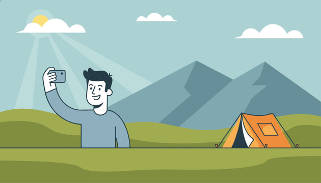 Happy young man taking a selfie with his smartphone while camping in a beautiful green mountain valley next to his orange tent.