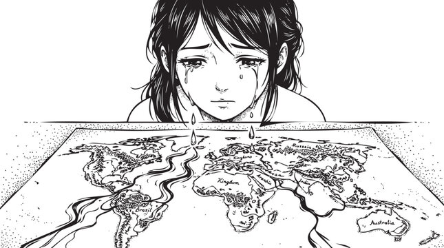 Emotional black and white manga illustration, crying girl staring at cracked world map, anime sketch art