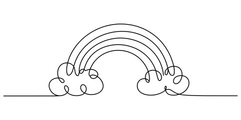 Obraz premium Rainbow with fluffy clouds in continuous line art style showing weather phenomenon for whimsical and cheerful artistic decorative designs.