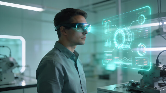 Technician wearing futuristic augmented reality smart glasses analyzing glowing 3D holographic data interface inside a clean tech laboratory, illustrating cutting-edge innovation and AI.