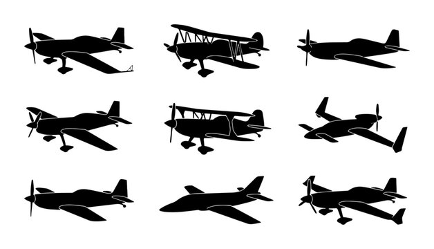 Vintage Aircraft Silhouettes, Retro Biplanes and Modern Airplanes Collection, Aviation Icons Set