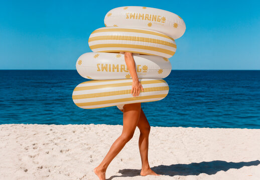 Sandy Beach with Inflatable Swim Rings Mockup