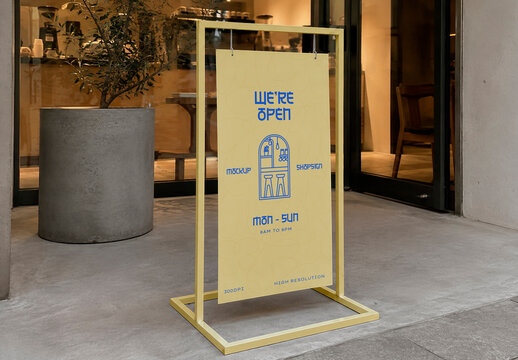 Cafe Sidewalk with A-Frame Board Sign Mockup