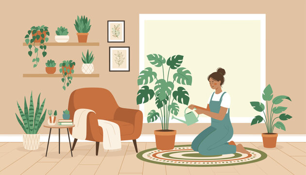 Home gardening illustration of a woman kneeling on a rug and watering a large monstera plant in a room filled with lush houseplants.