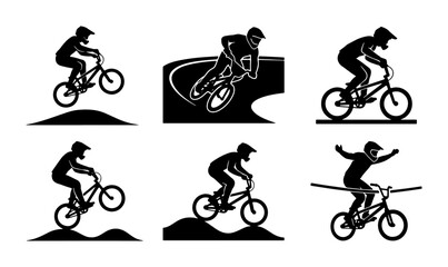 Fototapeta premium BMX Bike Silhouettes, Extreme Sports Action, Bicycle Racing Vector Icons Set