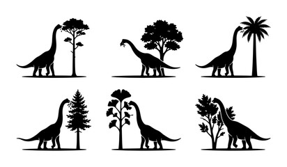 Fototapeta premium Dinosaur Silhouettes, Prehistoric Brontosaurus Vector Icons, Ancient Nature Elements