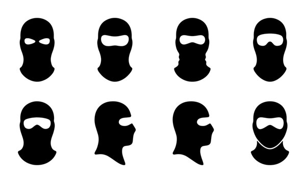 Black Balaclava Icons, Ski Mask Vector Set, Face Cover Headwear Collection, Security Guard Gear