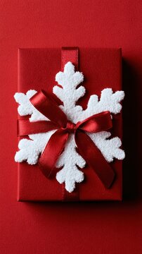 Red Christmas gift wrapped with satin ribbon and white snowflake ornament on red background