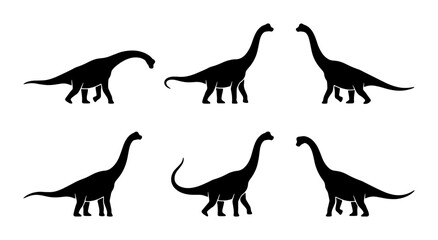 Six Silhouette Brontosaurus Dinosaurs, Prehistoric Reptile Vector Icons, Jurassic Era Wildlife Illustrations © Fahim