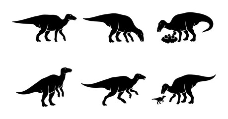 Obraz premium Dinosaur Silhouettes: Iguanodon, Prehistoric Reptile Poses, Ancient Animal Vector Set