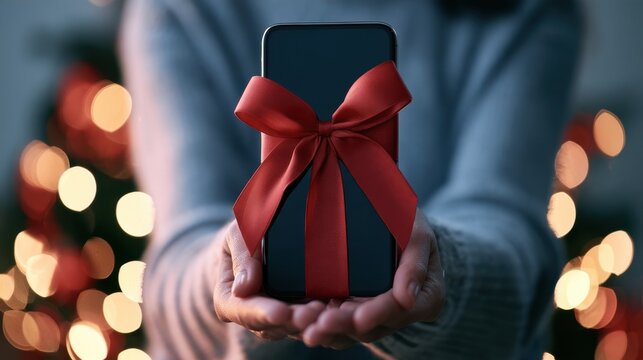 Person holding a smartphone wrapped with a red bow as a Christmas gift with bokeh lights