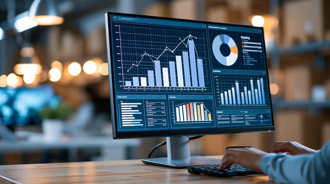 Large monitor in a logistics control center displaying warehouse inventory, shipment status and distribution analytics, supply chain visibility, logistics software, real-time