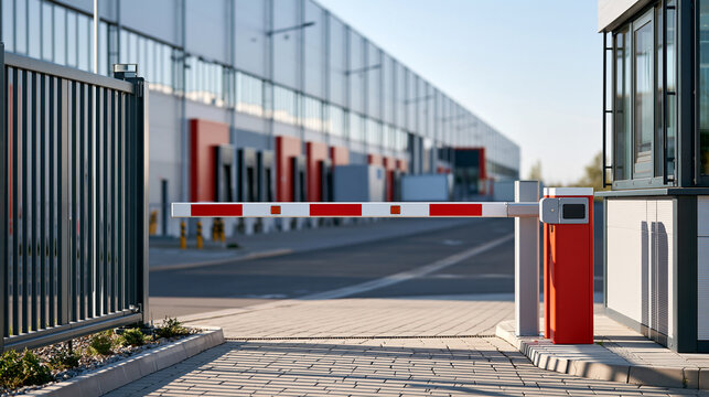 Modern industrial facility entrance with an automated security gate and access barrier, connected security system, logistics center, industrial infrastructure, smart facility