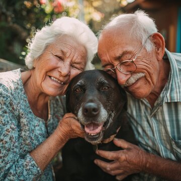 Happy senior couple cuddling their labrador dog in garden