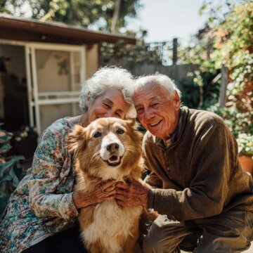 Happy senior couple petting their golden fluffy dog outdoors