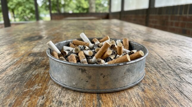 Overflowing Ashtray Full Of Cigarette Butts On A Wooden Table