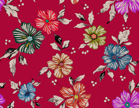 Seamless repeating pattern with Flowrs motifs placed at different angles, balanced by smaller floral elements and filler