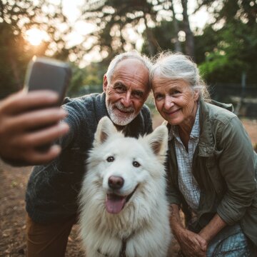 Happy senior couple taking selfie with fluffy samoyed dog