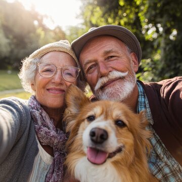 Happy senior couple taking selfie with fluffy corgi dog