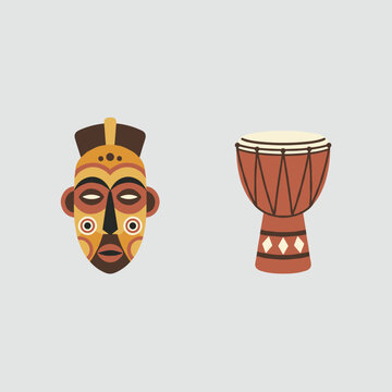 Traditional African tribal mask and a djembe drum decorated with geometric patterns on a neutral grey background.