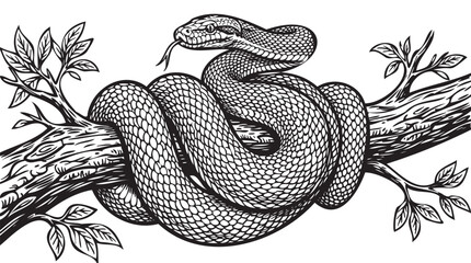 Fototapeta premium Vintage black and white snake coiled on tree branch engraving, classic reptile wild animal illustration, tarquin style tattoo fine art vector graphic