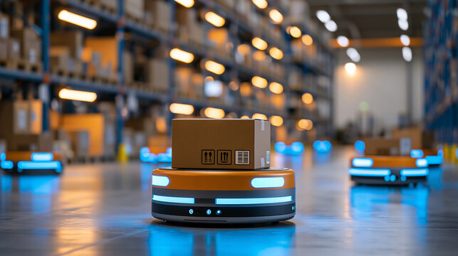 Modern automated warehouse with tall storage shelves and autonomous guided vehicles transporting packages, smart supply chain, warehouse robotics, logistics automation, inventory