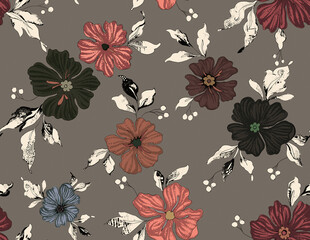 Seamless repeating pattern with Flowrs motifs placed at different angles, balanced by smaller floral elements and filler © Venkatsai