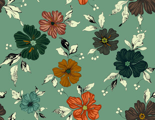 Seamless repeating pattern with Flowrs motifs placed at different angles, balanced by smaller floral elements and filler © Venkatsai