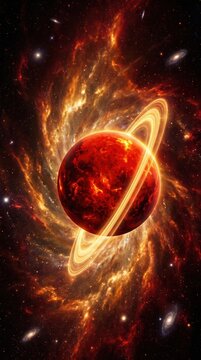 Vast red planet glows with swirling rings