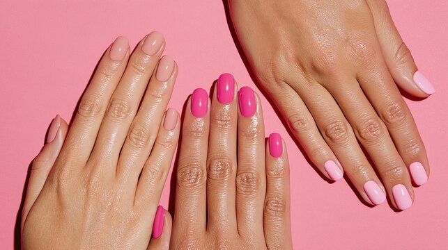 Close up of three different female hands with pink manicured nails
