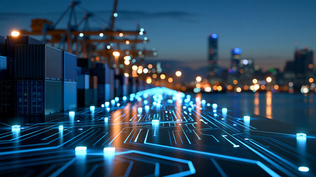Shipping containers arranged along a glowing digital circuit path with automated cranes and connected data nodes, global logistics, smart port, digital infrastructure, cargo