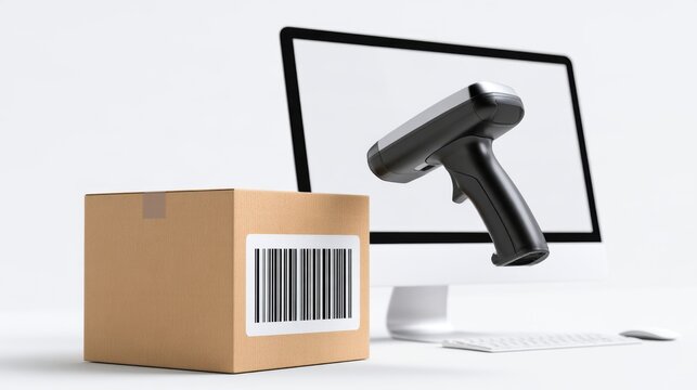 High-Resolution Image of Barcode Scanner Aimed at Package Next to Computer Display in Modern Workspace