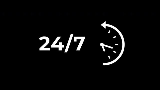 Minimalist Time Clock Graphic Animation Twenty Four Seven Service Icon on Black