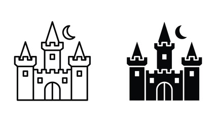 Fototapeta premium Medieval Castle Icon: Two stylized depictions of a medieval castle, one an outline and the other a solid silhouette, under a crescent moon, representing a fairytale or historical setting.