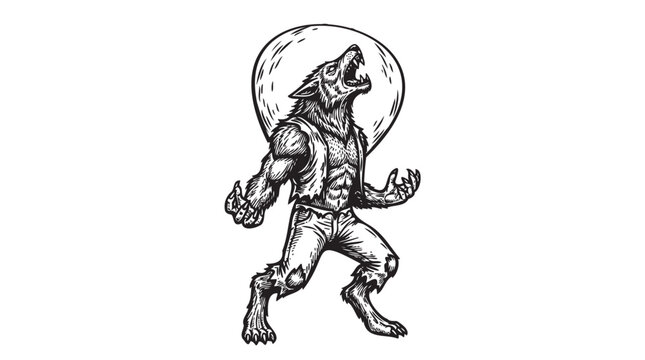 Vintage Werewolf Vector, Retro Moon Monster Illustration, Wolf Man Howling Graphic, Horror Character Etching, Engraved Creature Art, Spooky Halloween Design