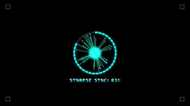 Futuristic digital loading screen with glowing cyan synapse network visualization and progress bar on black background