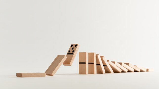 Conceptual Image of Dominoes Falling in a Chain Reaction on a Minimalist Background