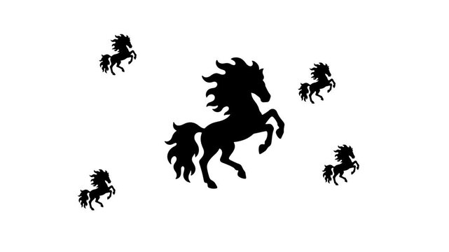 Zoom in and out animation the fiery horse symbol. Large black symbol in the center and four small symbols around. Seamless looped 4k animation on white background