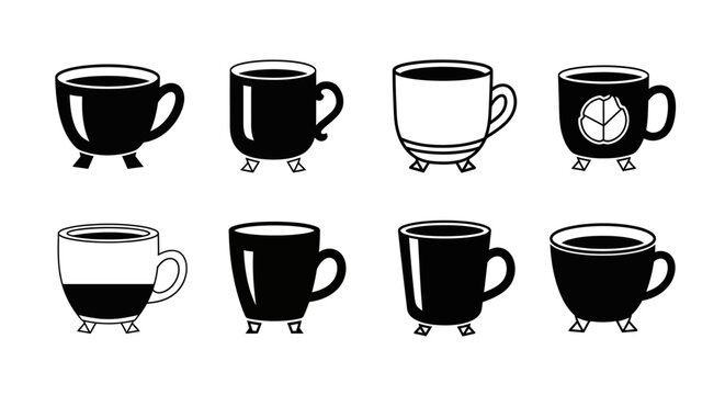 Set of eight black and white vector icons depicting various styles of coffee mugs with distinctive leg designs for drinks
