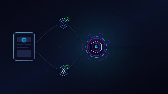 Cyber security data flow animation, digital network protection concept, futuristic HUD interface with lock icon on dark background